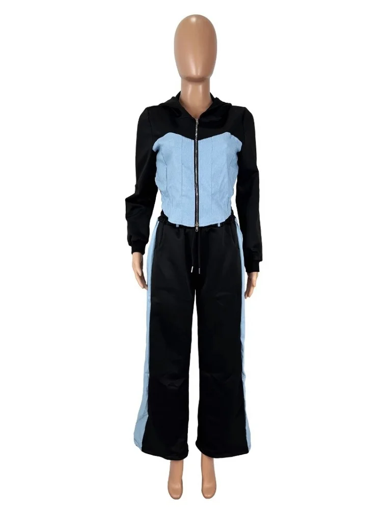 Wmstar Two Piece Sets Women Wholesale Tracksuit Sweatshirt Denim Patchwork Hoodie Top Trousers Pants Sets Fall Matching Suit