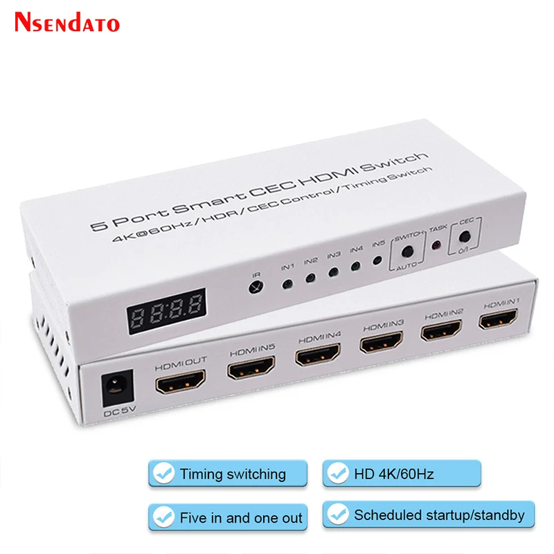 5 Porte Smart Cec Hdmi Timing Switch 4K 60Hz 18 Gbps 5X1 Hdr Hdmi Adapter Switcher Con Ir Romote Per Dolby Dts Hd Lpcm Hdtv Ps4