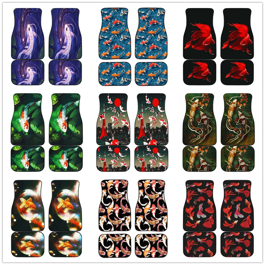 

Fish Koi Japan Car Floor Mat Vintage Black Carpet Anti-Slip Rubber Mat Pack of 4 Auto Accessiores for Car SUV Van