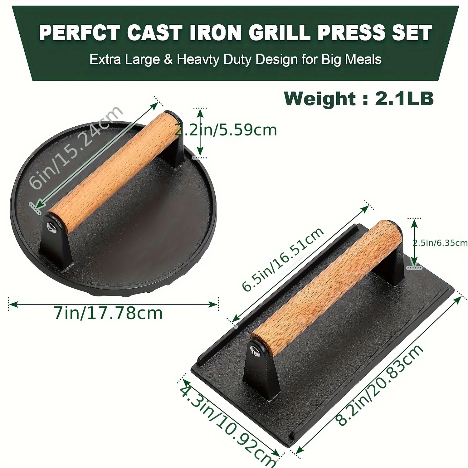 Burger Press Round & Rectangle Heavy Duty Cast Iron Grill Press with Wood Handle Smash Burger Press 1PCS