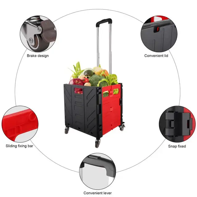 Gördülő Láda Kerekekkel Összecsukható Közüzemi Kosár Nagy Teherbírású Teleszkópos Fogantyúval Élelmiszer -Bevásárló Iroda Számára - Image 5