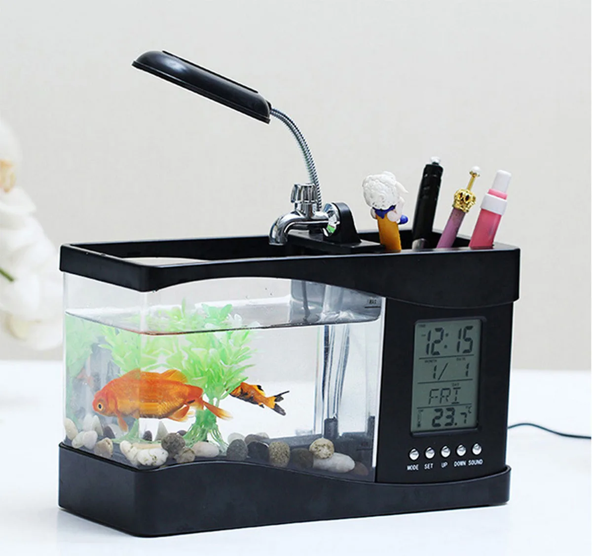 Gold Fish Aquarium USB Fish Tank with LED Lights LCD Display and Multi-Function Pen Holder Water Pump Eyourlife Mini Desktop Aquarium Kit Filter Sponge 