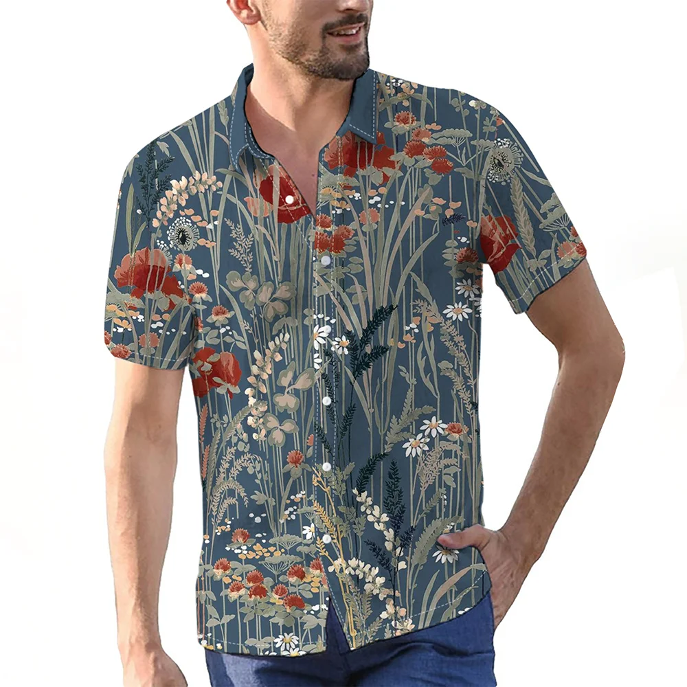 

Мужская свободная рубашка с цветочным принтом, Повседневная Уличная гавайская рубашка с короткими рукавами, пуговицами и отворотом, модель 2024 года