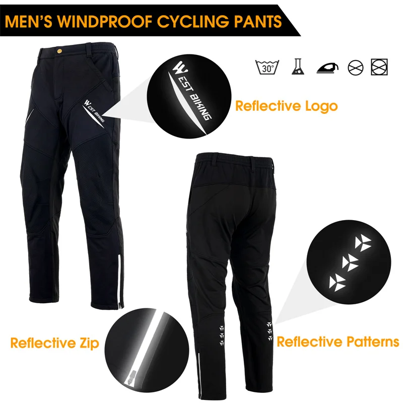 WEST BIKING Bike Pants Winter Bicycle Long Pants Thermal Fleece Reflective Cycling Warm Windproof Men Trousers EUR Size