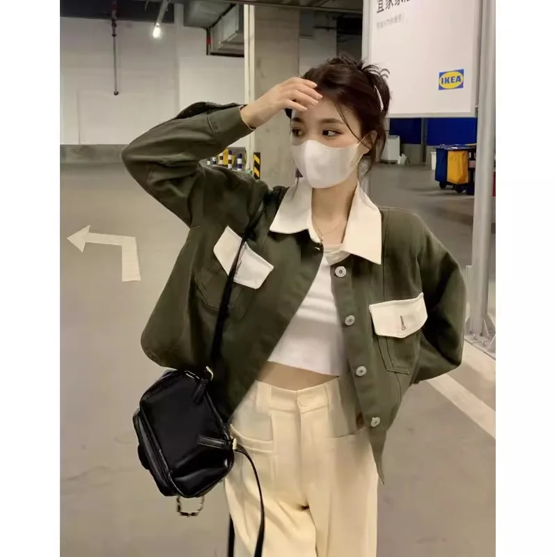 Korean Version Contrasting Polo Collar Short Denim Jacket for Women's 2024 Spring New Loose and Versatile Jacket Cardigan top