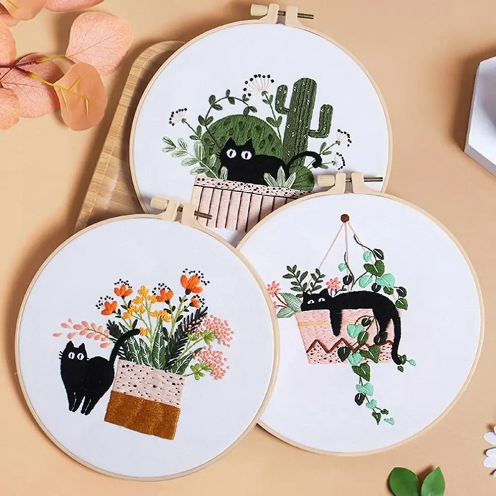 Flower Black Cat Pattern Embroidery Set Needlework Cross Stitch Tools Embroidery Starter Kit Home Decor Handmade Crafts Ornament embroidery kits