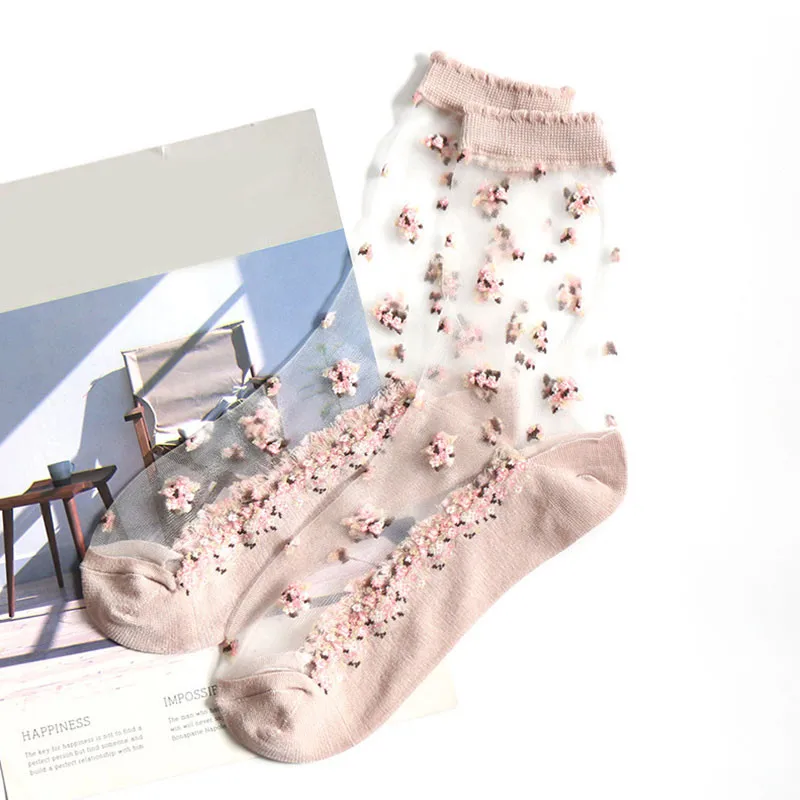 Womens Socks 1 Pair Summer Breathable Ultra Thin Transparent Lace Silk Crystal Rose Flower Girls Elastic Short Socks