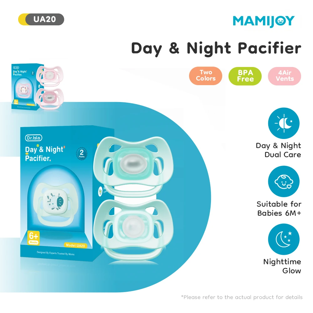 مصاصة أطفال MAMIJOY للنهار والليل، قطعتان، مصنوعة من السيليكون الآمن للطعام، خالية من مادة BPA، تضيء في الظلام، مع علبة تخزين، مناسبة للأطفال حديثي الولادة من عمر 6 أشهر فما فوق UA20