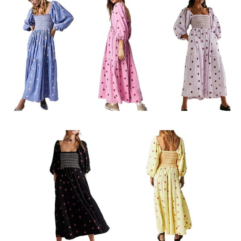 

Women Summer Casual Off Shoulder Ruffle 3/4 Sleeve Smocked High Waist Maxi Dress Floral Print A-line Tiered Long Dress