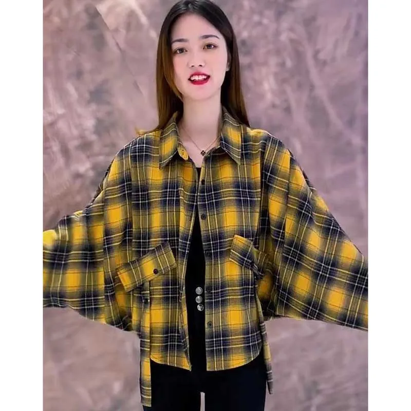 Fashion Lapel Spliced Batwing Sleeve Plaid Shirts Women's Clothing 2023 Autumn Winter Loose Casual Tops Asymmetrical Blouses