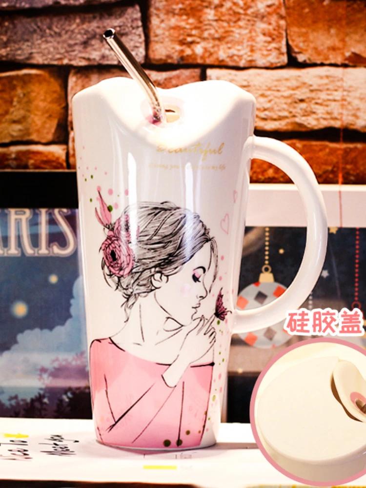 US $11.96 35％ Off, Cute Girl Ceramic Cup 450ml Porcelain Coffee Mug with  Straw Women Home Milk Tea Juice Cups Birthday Gift