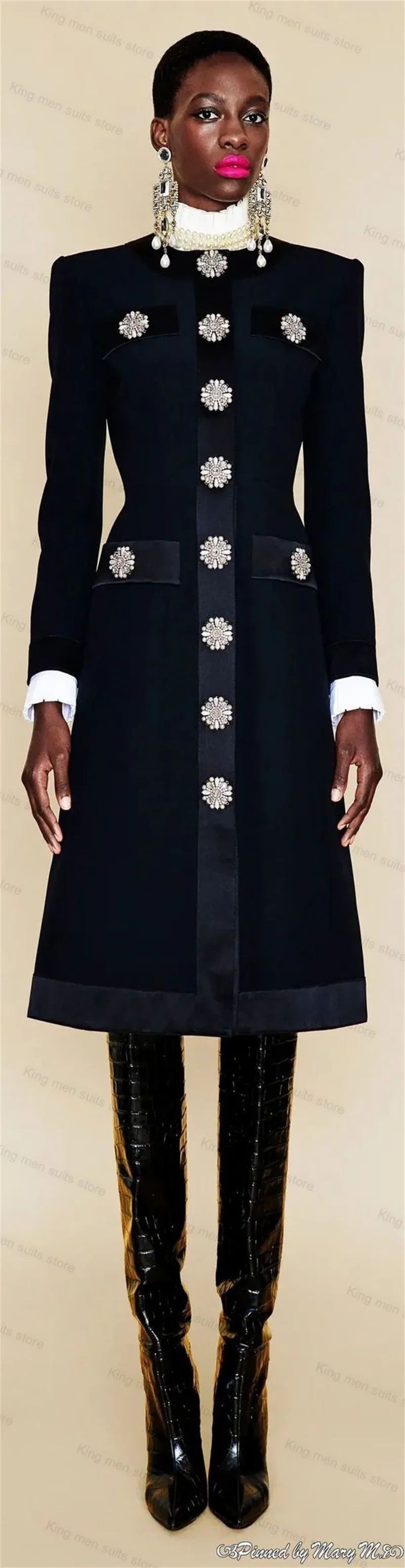 Black women suit skirt 1 piece long prom dress with crystals formal office lady wedding tuxedos jacket blazer