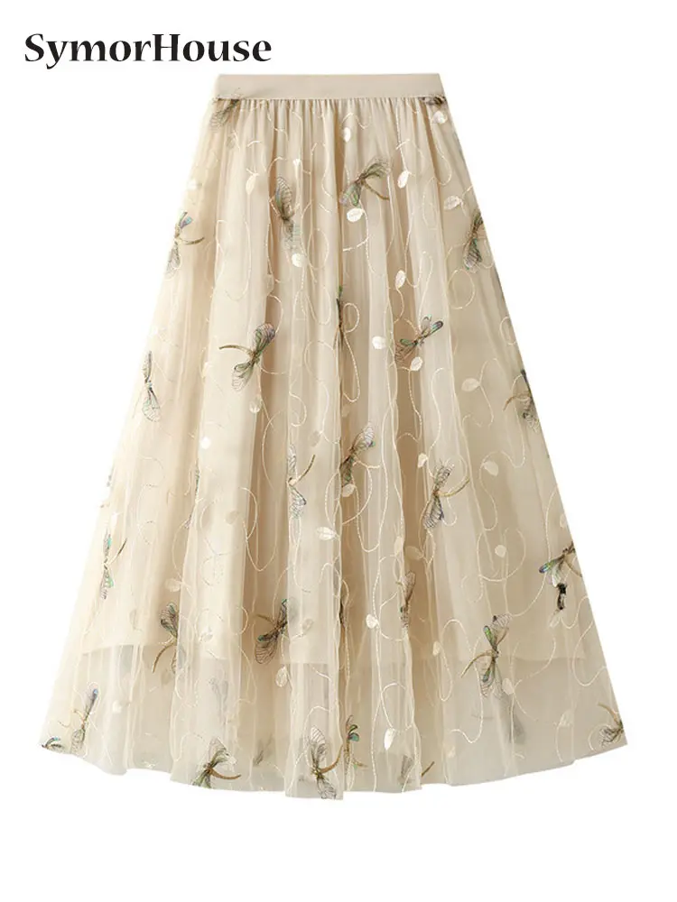 

Женская юбка с вышивкой стрекозы, элегантная трапециевидная сетчатая юбка средней длины с высокой талией, весна-лето-осень 2024