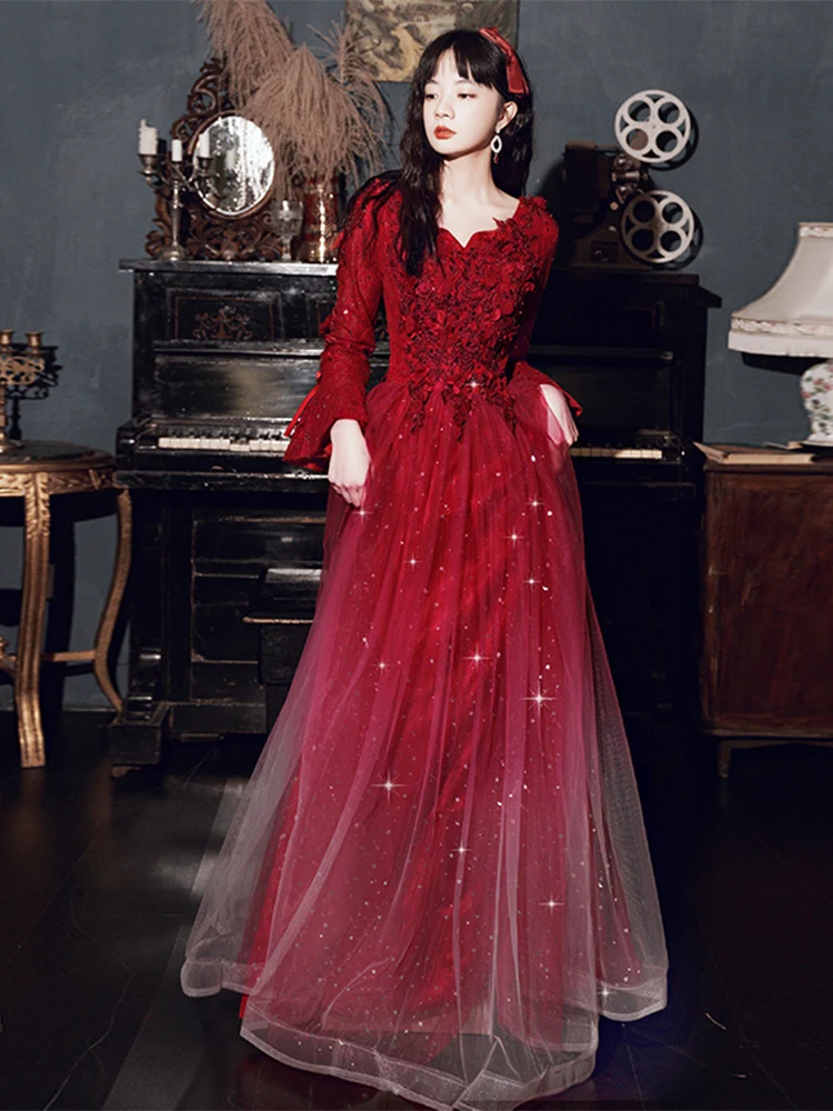 

Женское вечернее платье из фатина, Бордовое платье с градиентом, V-образным вырезом и длинным рукавом, расшитое бисером