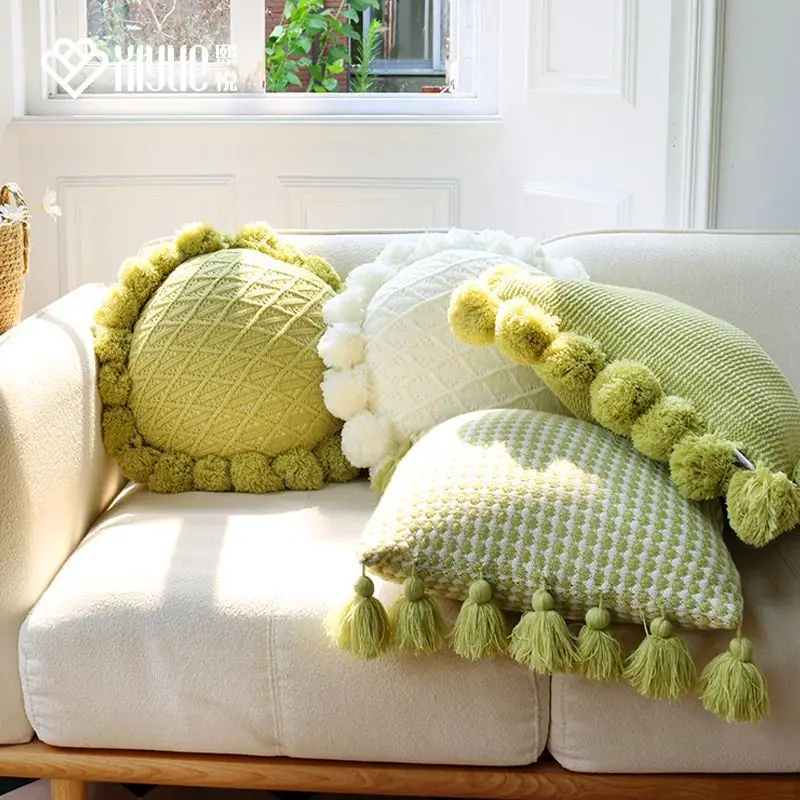 

Ins Luxury Nordic Square Grid Jacquard Cushion Knitted With Fluffy Ball Grass Green Cars Decoration Living Room Cafe Sofa Gift