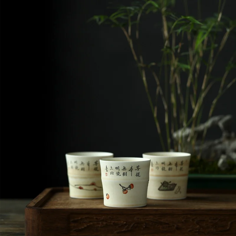 

Apricot Matte Hand Painted Pastel Study Bamboo Joint Cup Jingdezhen Ceramic Teaware Tea Cup Tea Cup Handmade Master Cup
