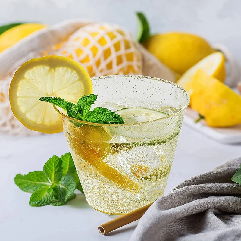 Gold Plastic Cups Clear Plastic Wine Glasses Fancy Disposable Hard Cups With Gold Glitter For Party 100Pcs