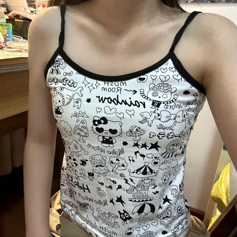 

New Sanrio Hello Kitty Cute Camis With Chest Pads Y2k Tank Top Women Summer Sleeveless T-shirts Treetwear Crop Tops Clothes