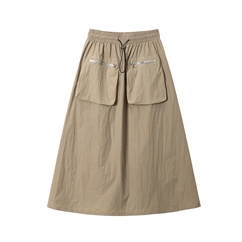 

Women's Elastic Waist A-line Cargo Skirt Summer New Street Style Solid Color Zipper Large Pocket Female Straight Mid-calf Skirt