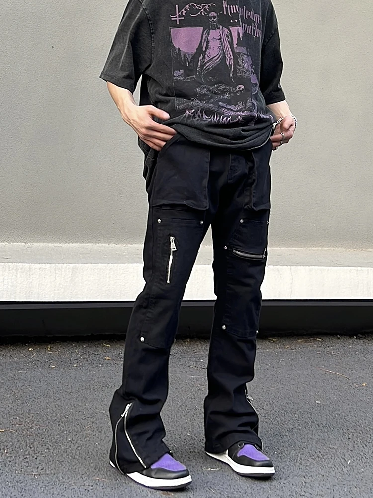 Men's High Street Slim Fit Pants Fashion Casual Side Zipper Work Dress Jeans Straight Sleeve Micro Flare Pants Men's Y2K Hip Hop