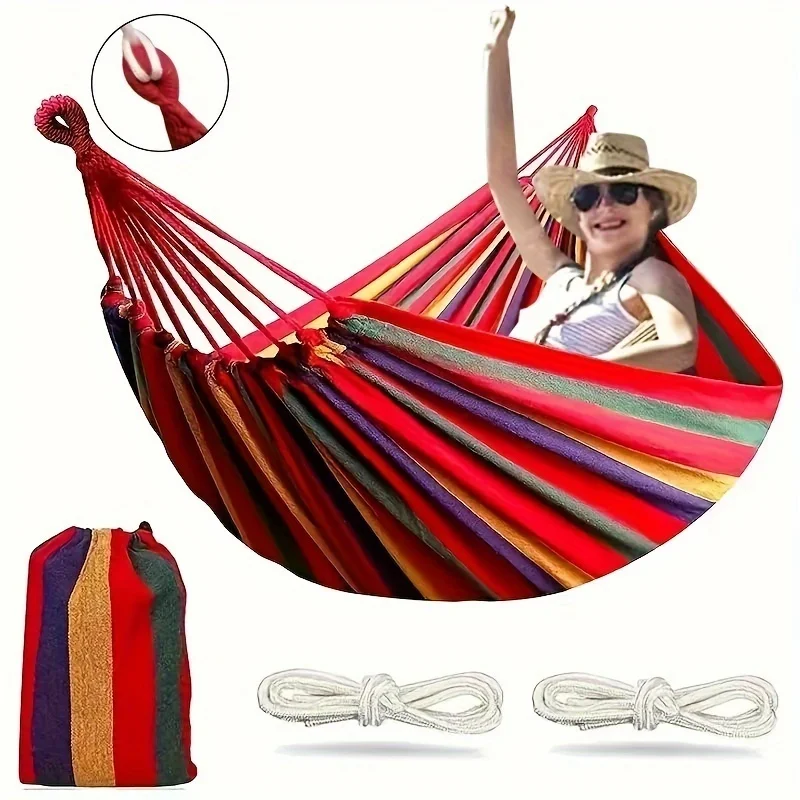 Striped Portable Camping Hammock, Garden Camping Hammock, Colorful Fabric Hammock with Handbag and Ropes, Anti-Roll Design for Comfortable Sleeping, Anti-Tip Structure with Binding Straps and Storage Bag Included