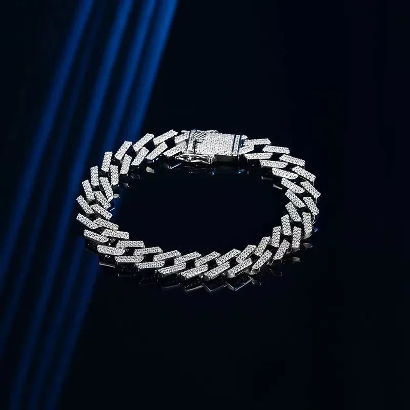 

Wholesale S925 Sterling Silver Cuban Bracelet Men's Diamond Inlaid European and American Style Hip-Hop Fashion Exquisite Jewelry