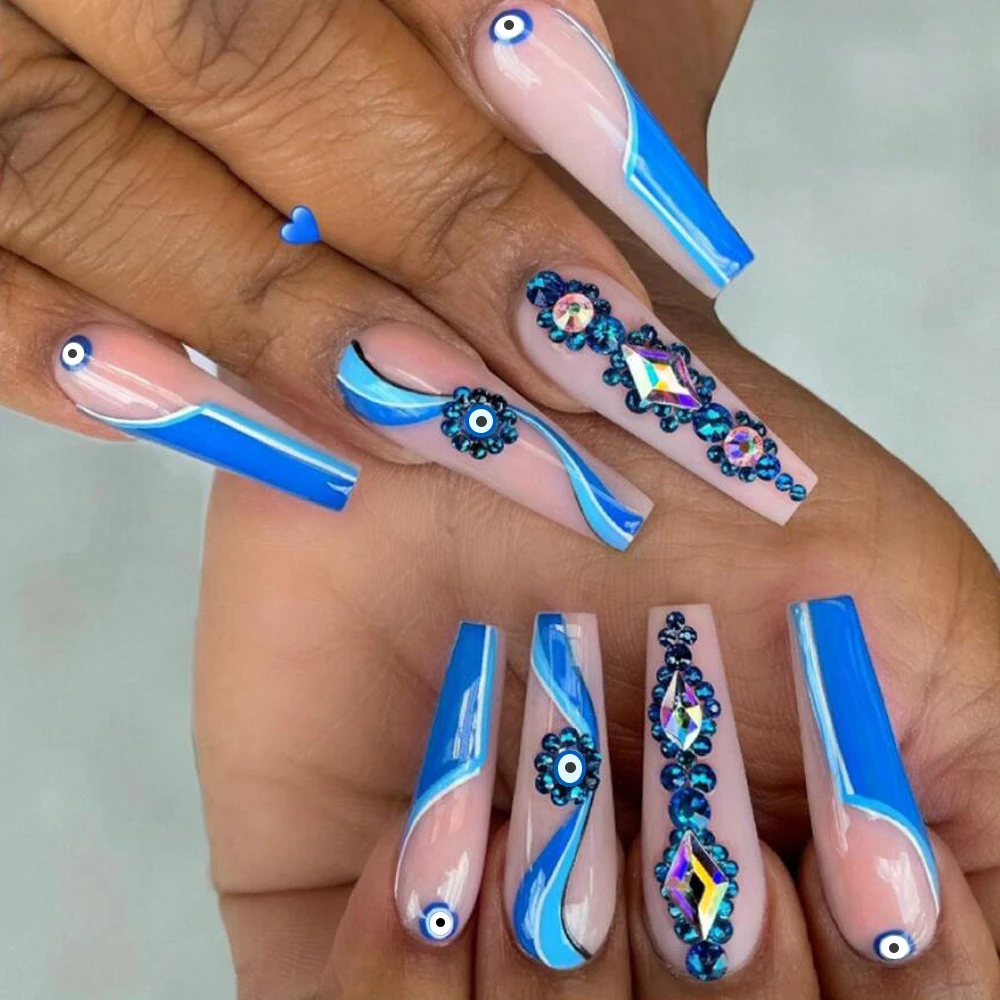 24Pcs Long Coffin False Nails Blue Dot Stripe Colored Diamond Fake Nails  for Women Nail Art Artificial Nails Fake Nail Patch| | - AliExpress