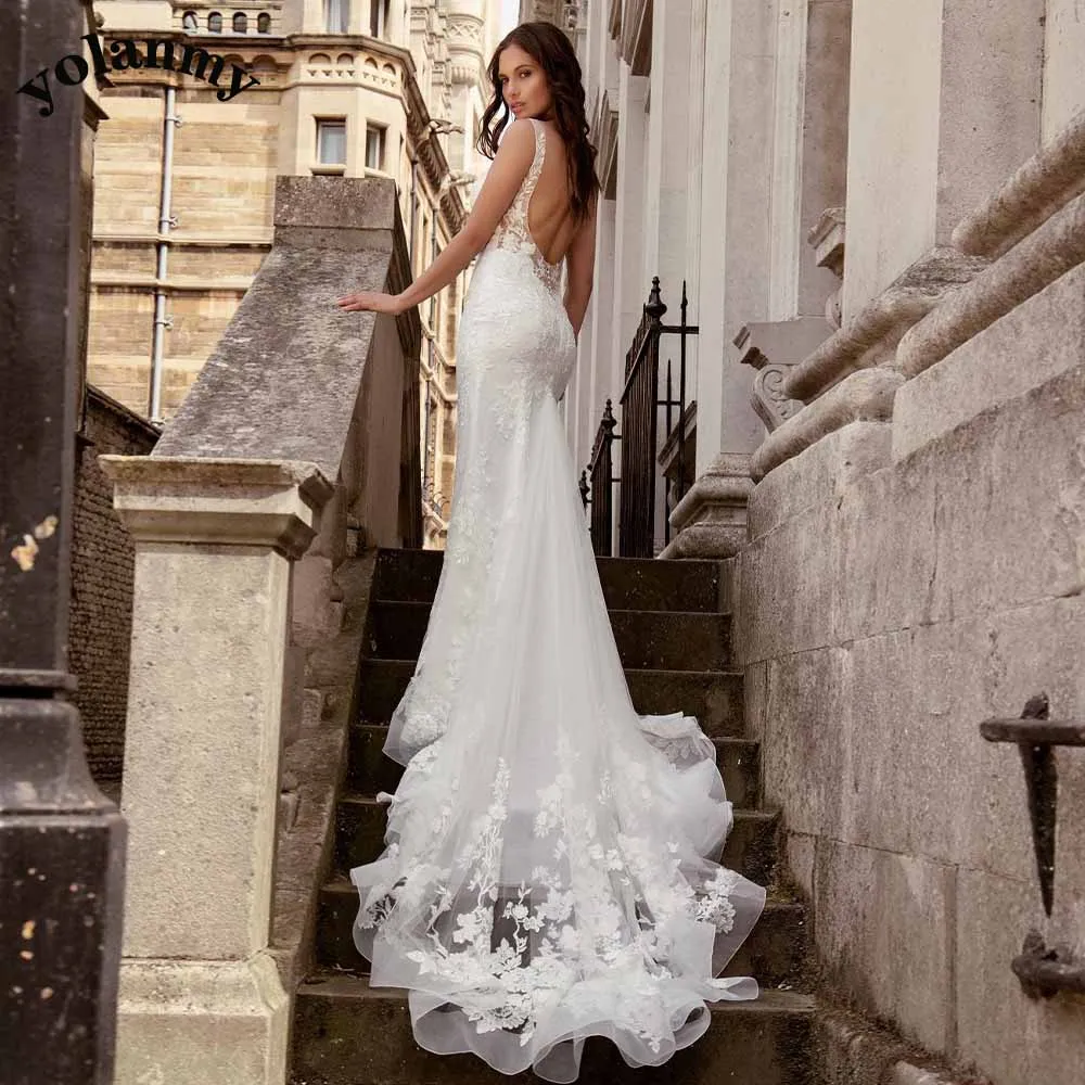 

YOLANMY Elegant Wedding Dresses Scoop Sleeveless Mermaid Pleat Formal Appliques Bridal Gown Made To Order Brautkleid For Women