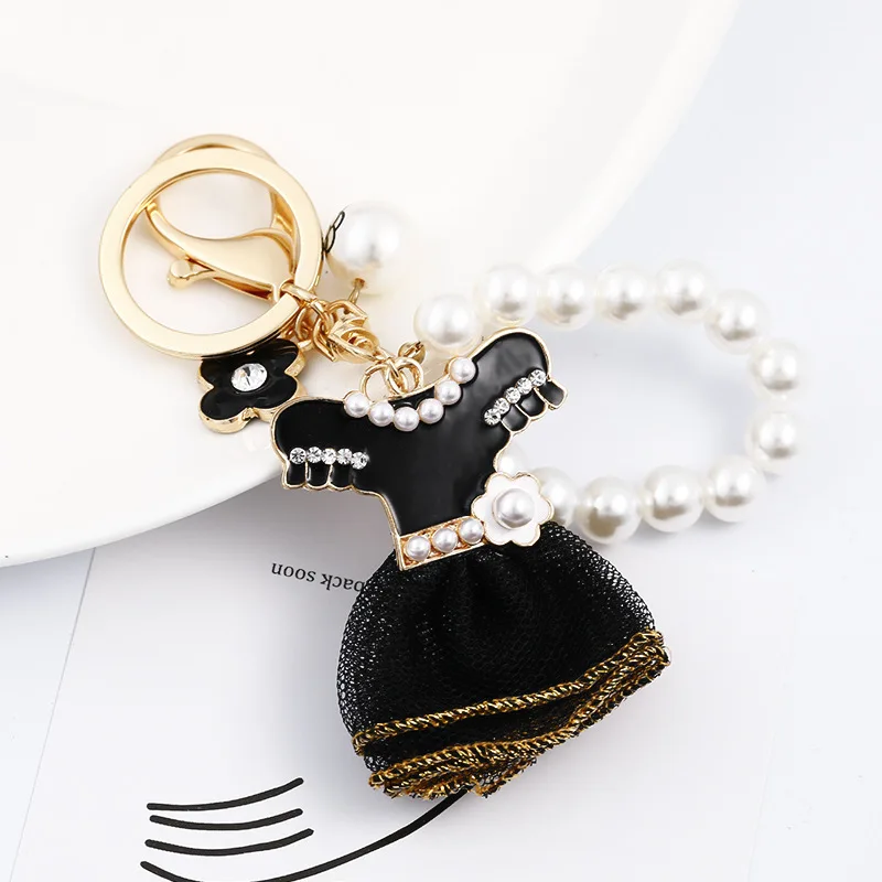 Fashion-Black-Skirt-Keychains-Pearl-Key-Chains-for-Women-Bag-Charm ...