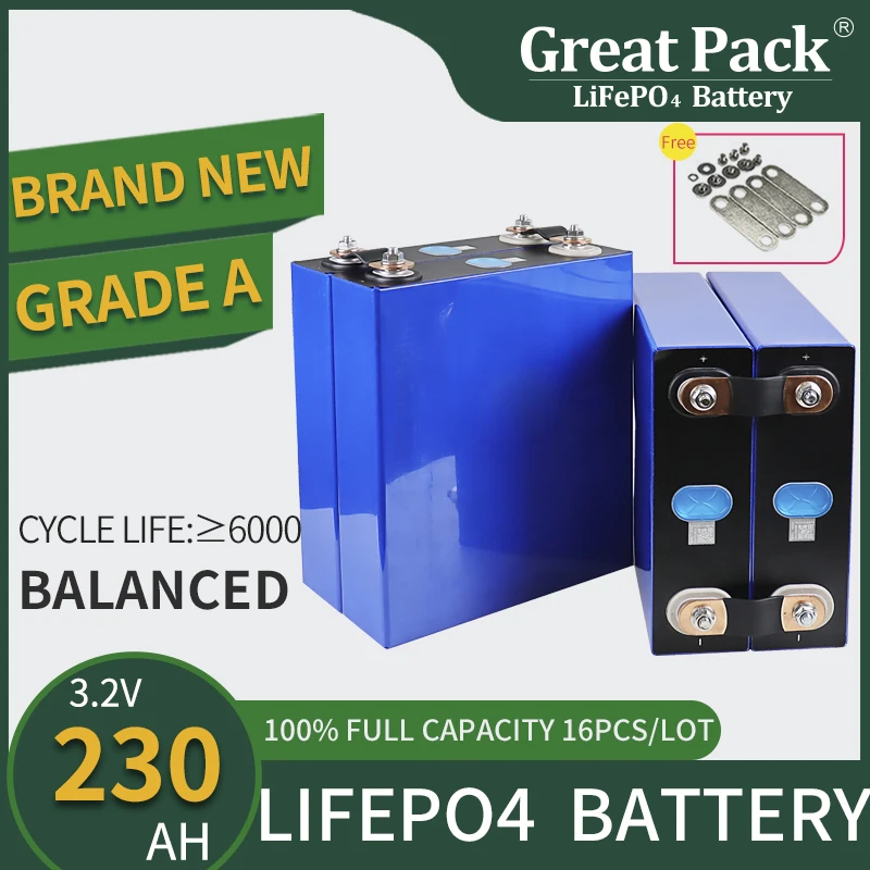 

Solar Power Bank 16PCS 3.2V 230Ah Rechargeable Deep Cycle LiFePO4 Battery Cell 100% Full Capacity Brand New Grade A Lithium Ion