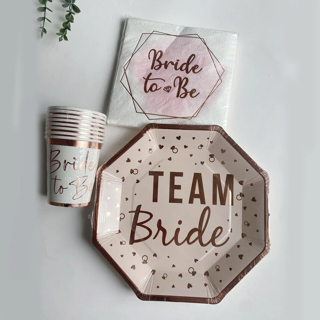 8Guests Team Bride Theme Disposable Tableware Hot Rose Gold Plates Cups Bride To Be Happy HEN Bride Birthday Party Decor