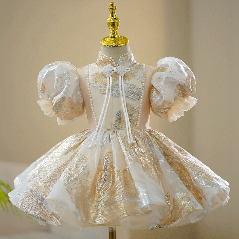 

Kids Pageant Dresses for Toddler Girl Princess Wedding Birthday Party Luxury Short Evening Gown Child Embroidery Champagne Dress