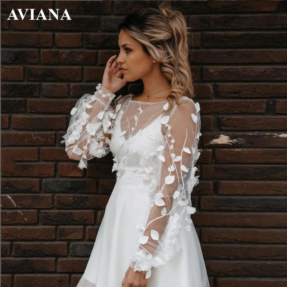 

Aviana Elegant Mini V Neck Wedding Dress 2023 Illusion Lace Appliques Long Sleeves A line Simple Bridal Gowns Vestido De Noiva
