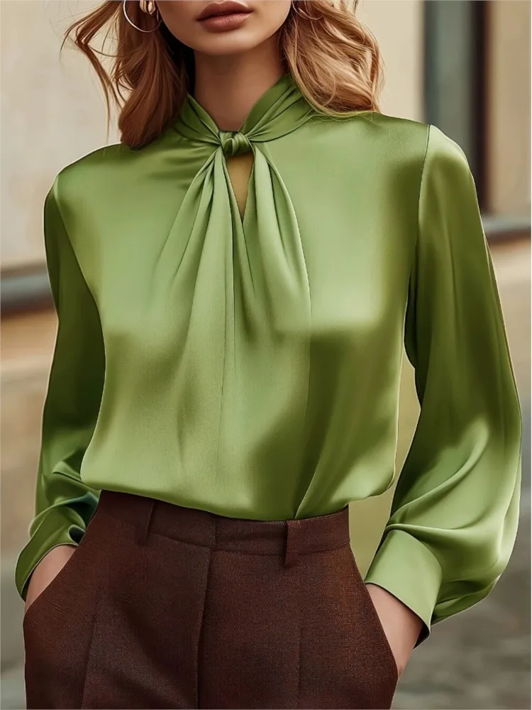 Fashion Hollow Stand Collar Women's Long Sleeve Shirt Spring Autumn New Solid Color Satin Slim Fit Chic Shirt Female Office Tops