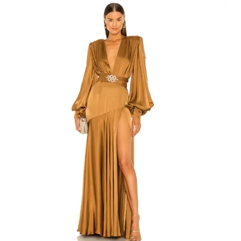 

Aleeshuo Junoesque Deep V-Neck Prom Dress Long Sleeve Evening Dresses High Side Slit A-Line Saudi Arabia Floor-Length Prom Gowns
