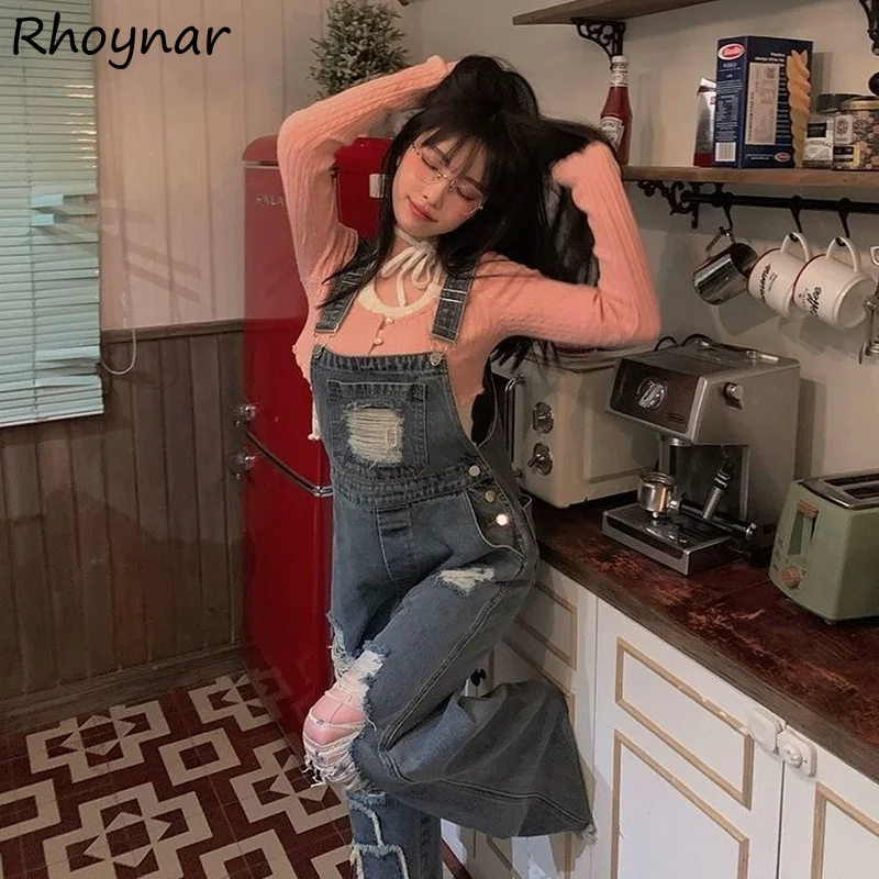 

Jumpsuits Women Solid Hole Denim Wide Leg High Waist Loose Retro Design Basic All-match Cool Casual Chic Ins Korean Style Mujer