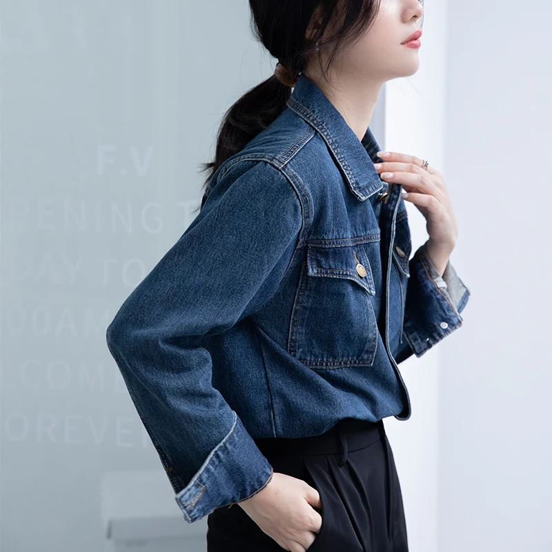 2023 Spring Korean  Button Loose Casual Cotton Blue Women Denim Shirt Basic Z032
