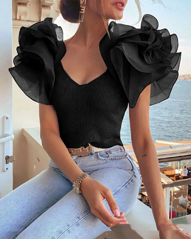 

Black Sexy Top Slim Lace Bubble Sleeve Design Elastic Top For Women