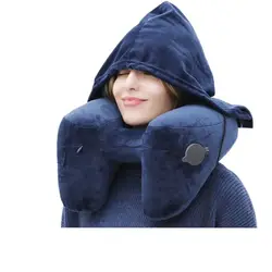Hooded Inflatable Travel Neck Pillow for Comfortable Journeys (Dark blue)