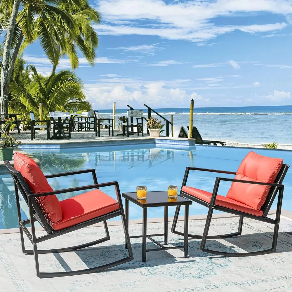 3 Pieces Patio Furniture Set Rocking Wicker Bistro Sets Modern Outdoor Rocking Chair Furniture Sets Clearance Cushioned 5