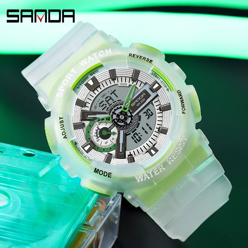 SANDA Fashion Luminous Dual Display Watch Mens Watches Waterproof Fluorescent Green Transparent Strap Sports Watch Reloj Hombre