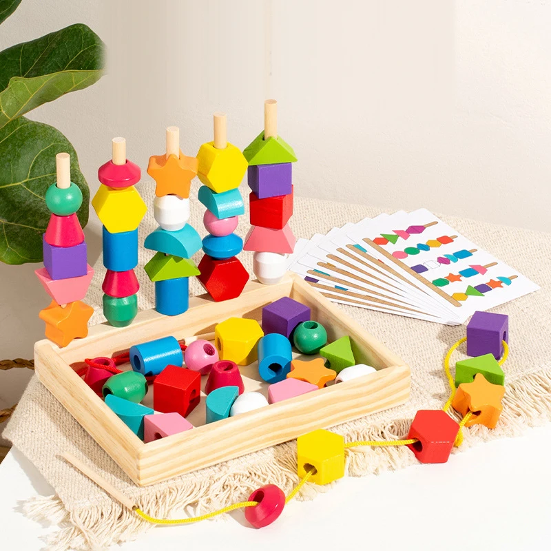 

Montessori Toys Bead Sequencing Set, Wooden Lacing Beads & Matching Shapes Colors Stacking Toy, Toddlers Preschool Learning Fine