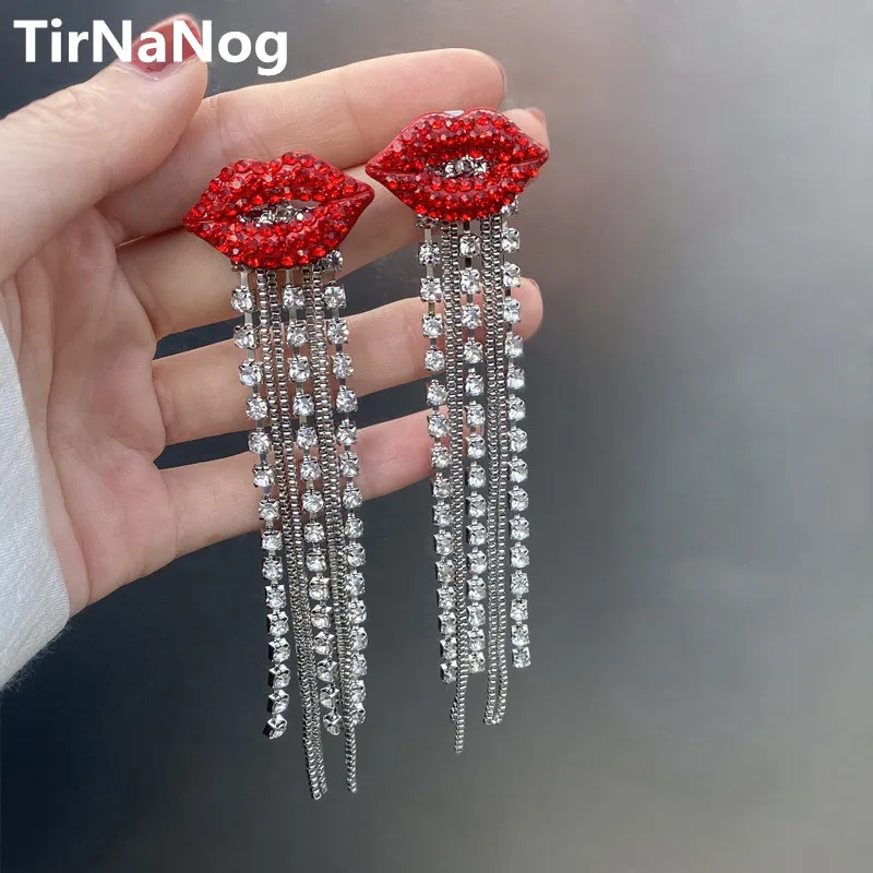 

2022 New South Korea Retro Fashion Luxury Elegant Crystal Red Lip Long Eardrop Tassel Earrings Women Jewelry Gifts