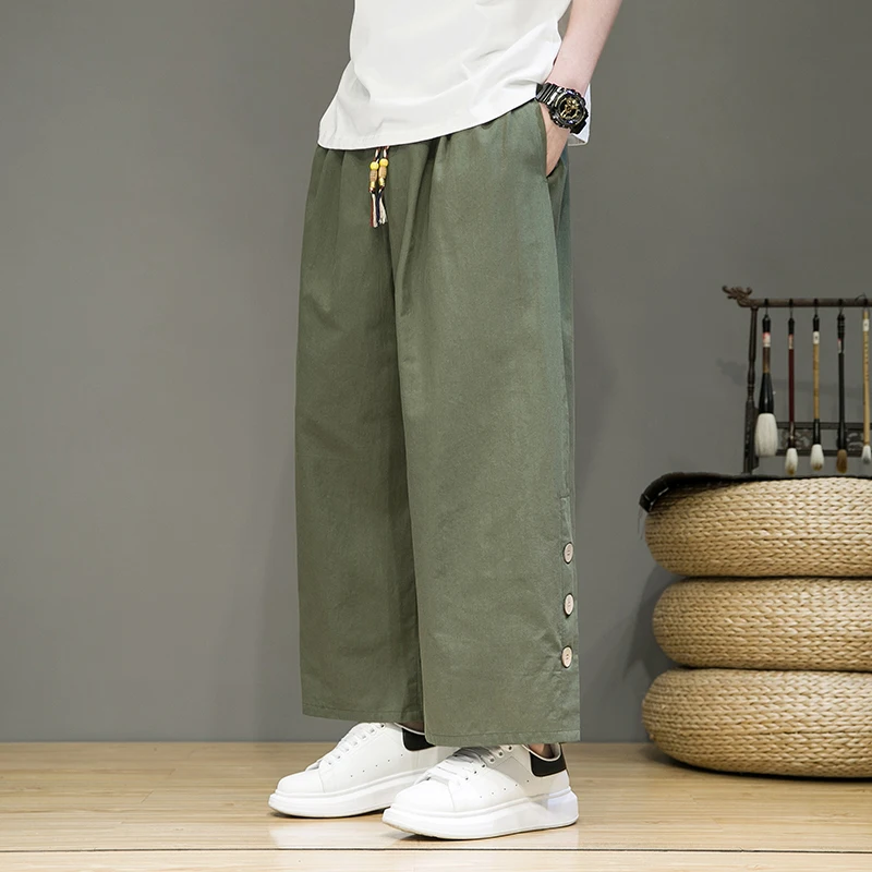 

2023 New Pants Men Cotton Linen Plus Size Harem Trousers Loose Casual Wide Leg Pants Male Button Jogger Sweatpants Streetwear
