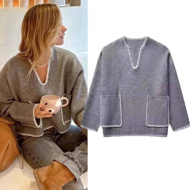 

TRAF Women Soft Long Sleeve Sweater Fall Solid V-Neck Loose Knitted Pullover Casual Pockets Contrasting Tops Warm Knitwear Girls