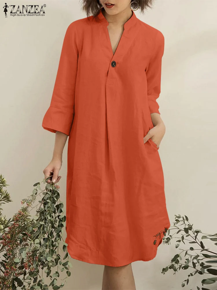 

Elegant Solid Dress ZANZEA Women Knee Length Robe Femme Casual Solid Work Sundress Autumn V-Neck 3/4 Sleeve Vestidos Oversize