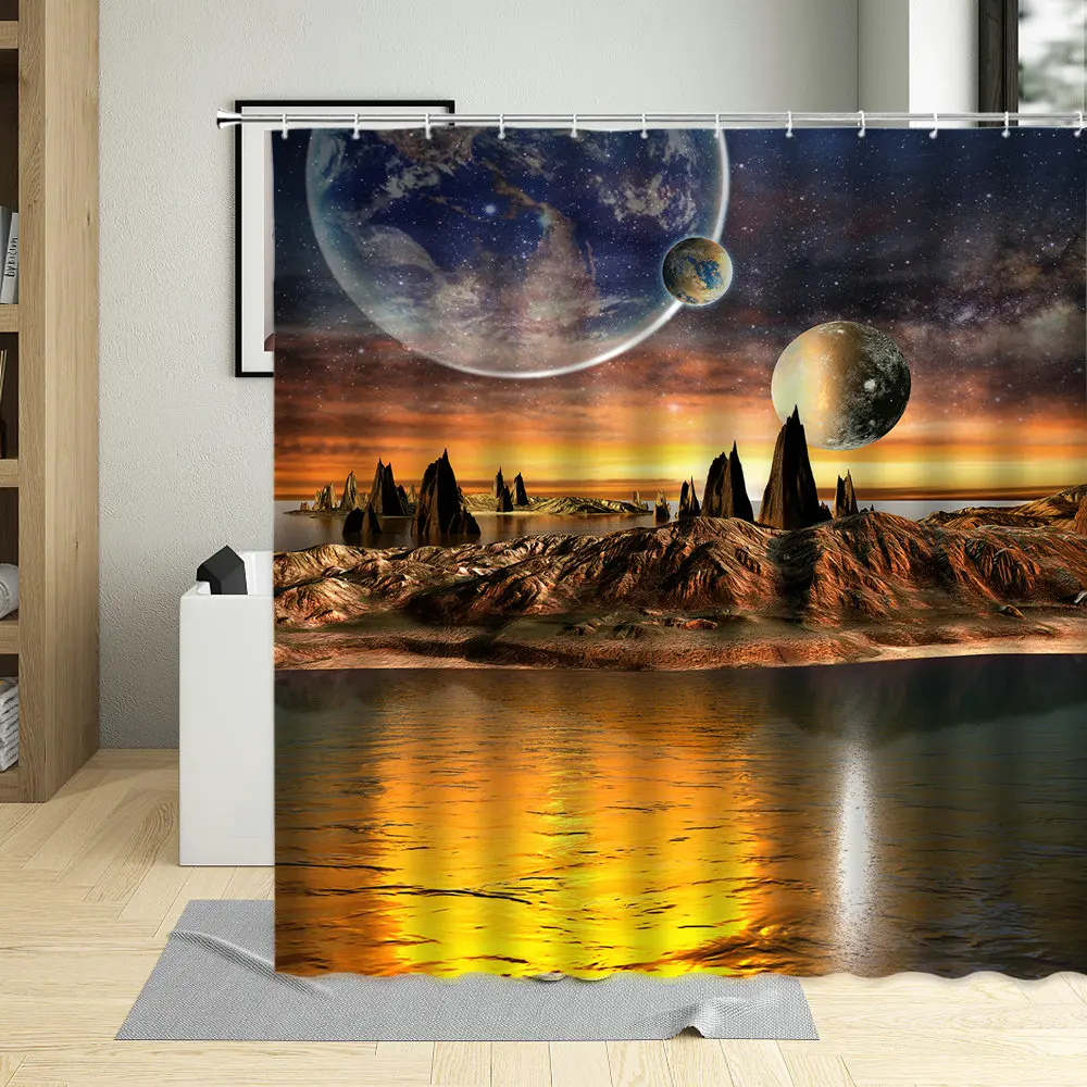 

Golden Universe Starry Sky Shower Curtain 3D Dream Space Landscape Mountain Peak Water Surface Planetary Bathroom Curtains Sets