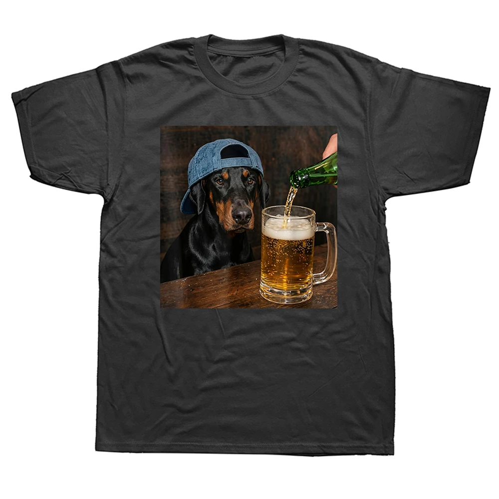 Dobermann Trinkt Bier Lustiges Dobermann-Hundememe T-Shirt Herren Humor Streetwear T-Shirt Kurzarm Unisex Lose Kleidung