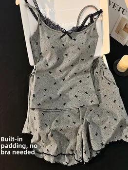 Sexy Modal Cotton Strap Sleepwear Women's Set with Chest Pad Summer Home Clothes Two-Piece Set Short Sleeve round Neck