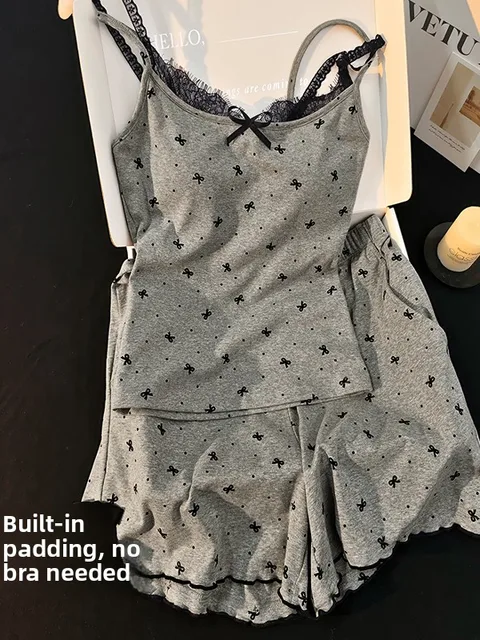 Sexy Modal Cotton Strap Spwear Women's Set with Chest Pad Two-Piece Home Clothes ort Sve round Ne Summer Nightgown